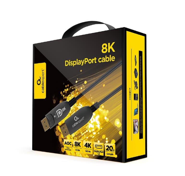 CABLU video GEMBIRD, DisplayPort (T) la DisplayPort (T), 20m, premium AOC (Active Optical Cable), conectori auriti, rezolutie maxima 8K (7680 x 4320) la 60 Hz, negru, "CC-DP8K-AOC-20M" — miniatură