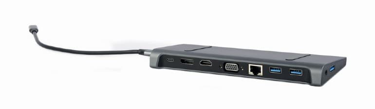 DOCKING Station Gembird universal, 9-in-1, conec PC USB-C,USB-Cx1, USB-A 3.1x3, porturi video HDMIx1,DisplayPortx1,VGAx1,PD 87W,RJ45,Audio,argintiu "A-CM-COMBO9-02" — miniatură