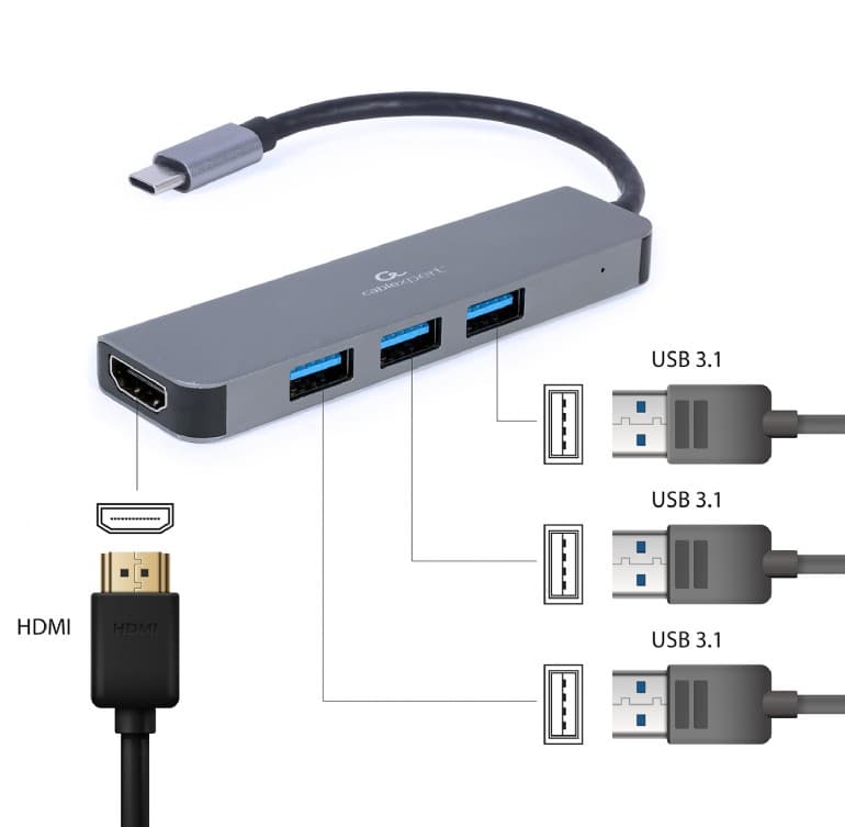 DOCKING Station Gembird universal,2-in-1, conec PC USB Type C, USB-C x 1, USB-A 3.1 x 3, HDMI x 1, argintiu "A-CM-COMBO2-01" — miniatură