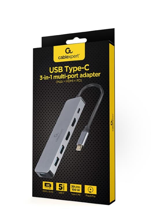 DOCKING Station Gembird universal,3-in-1, conec PC USB Type C, USB-C x 1, USB-A 3.0 x 3, HDMI x 2, PD 100W, argintiu "A-CM-COMBO3-03" — miniatură