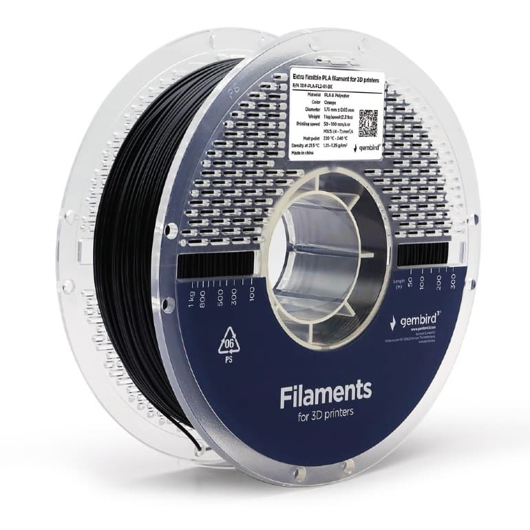 FILAMENT GEMBIRD pt. imprimanta 3d, PLA, 1.75mm diamentru, 1Kg / bobina, aprox. 350m, topire 220-240 grC, extra flexibil (+polyester), black, "3DP-PLA-FL2-01-BK"