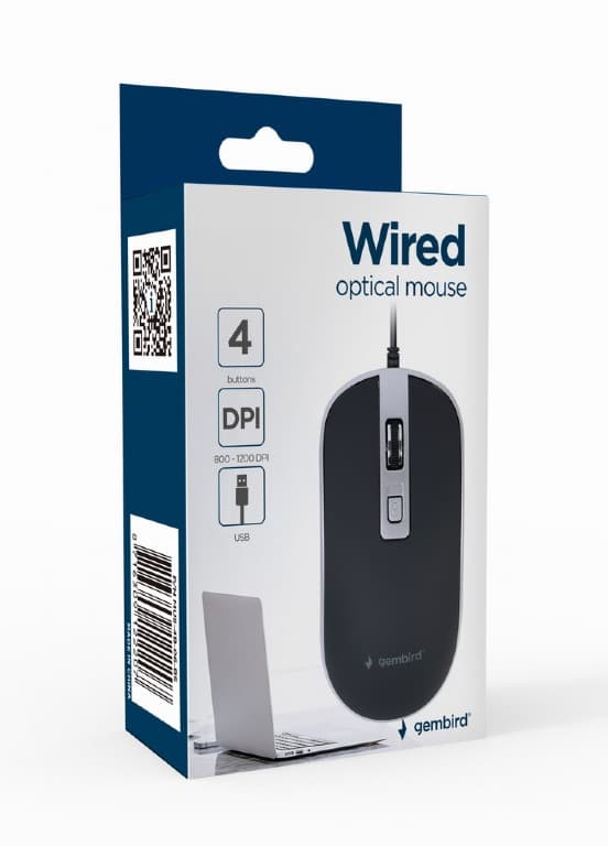 MOUSE GEMBIRD, PC sau NB, cu fir, USB, optic, 1200 dpi, butoane/scroll 4/1, cablu 1.35m, negru-argintiu, "MUS-4B-06-BS" — miniatură