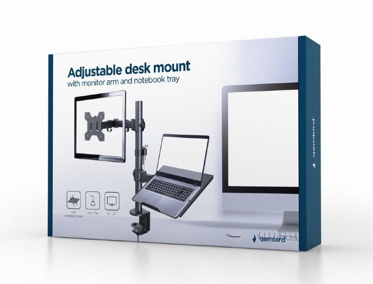 SUPORT de birou Gembird, pt 1 TV/monitor plat + 1 notebook 15.6", diag. max 32 inch, rotatie, inclinare, pivotare, orizontal, vertical, max 2x9 kg, "MA-DA-03" — miniatură
