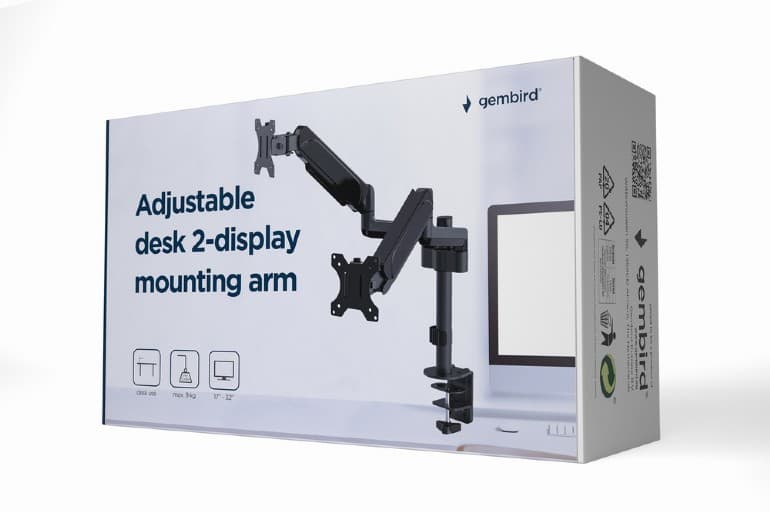 SUPORT de birou Gembird, pt 2 TV/monitor plat, diag. max 32 inch, rotatie, inclinare, pivotare, orizontal, vertical, max 2x9 kg, "MA-DA2P-01" — miniatură