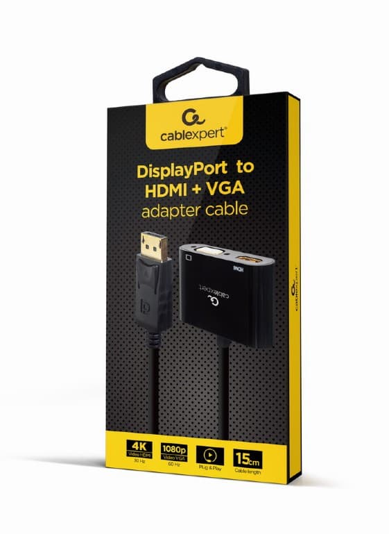 CABLU video GEMBIRD, adaptor DisplayPort (T) la HDMI (M) + VGA (M), 10cm, rezolutie maxima HDMI 4K UHD (3840 x 2160) la 30 Hz, VGA Full HD (1920 x 1080) la 60 Hz, negru, "A-DPM-HDMIFVGAF-01" — miniatură