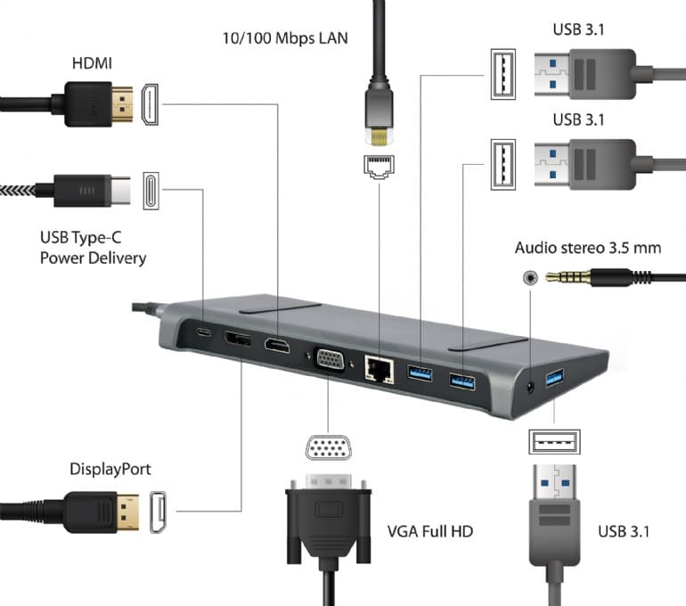 DOCKING Station Gembird universal, 9-in-1, conec PC USB-C,USB-Cx1, USB-A 3.1x3, porturi video HDMIx1,DisplayPortx1,VGAx1,PD 87W,RJ45,Audio,argintiu "A-CM-COMBO9-02" — miniatură