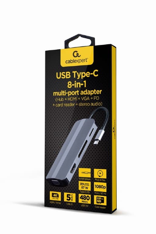 DOCKING Station Gembird universal,8-in-1, conec PC USB Type C, USB-C x 1, USB-A 3.1 x 2, HDMI x 1, VGA x 1, PD 87W, SD/microSD card, argintiu "A-CM-COMBO8-02" — miniatură