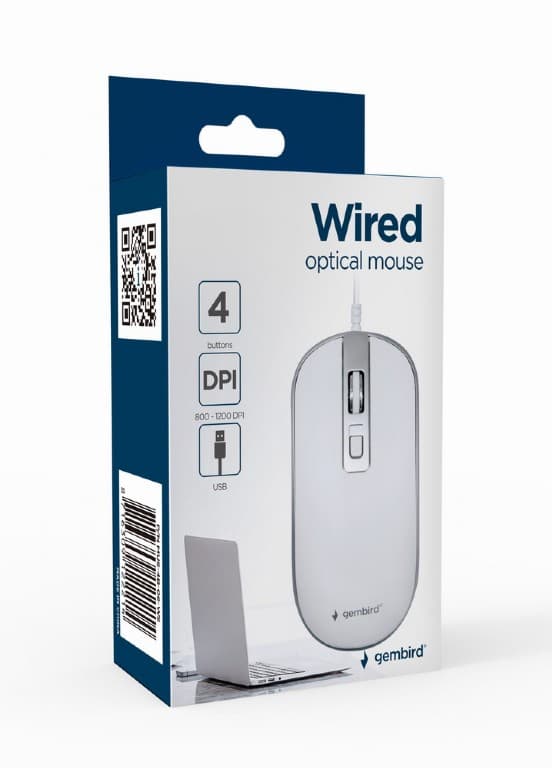 MOUSE GEMBIRD, PC sau NB, cu fir, USB, optic, 1200 dpi, butoane/scroll 4/1, cablu 1.35m, alb-argintiu, "MUS-4B-06-WS" — miniatură