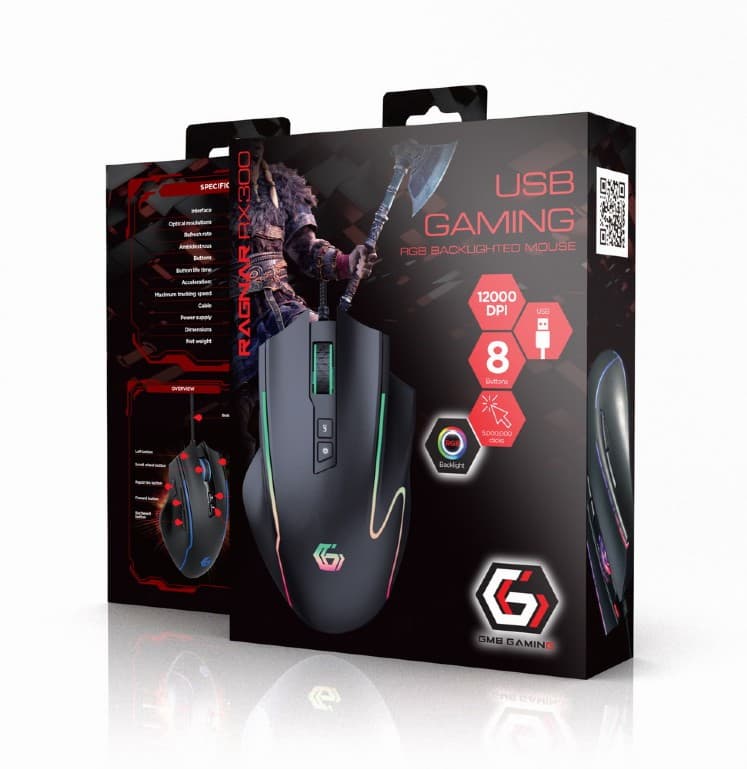 MOUSE GEMBIRD, gaming, cu fir, USB, optic, 4800 dpi, butoane/scroll 8/1, iluminare, cablu 1.8m, negru, "MUSG-RAGNAR-RX300" — miniatură