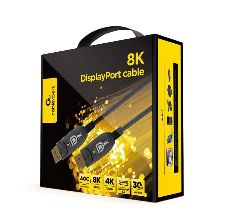 CABLU video GEMBIRD, DisplayPort (T) la DisplayPort (T), 30m, premium AOC (Active Optical Cable), conectori auriti, rezolutie maxima 8K (7680 x 4320) la 60 Hz, negru, "CC-DP8K-AOC-30M" — miniatură