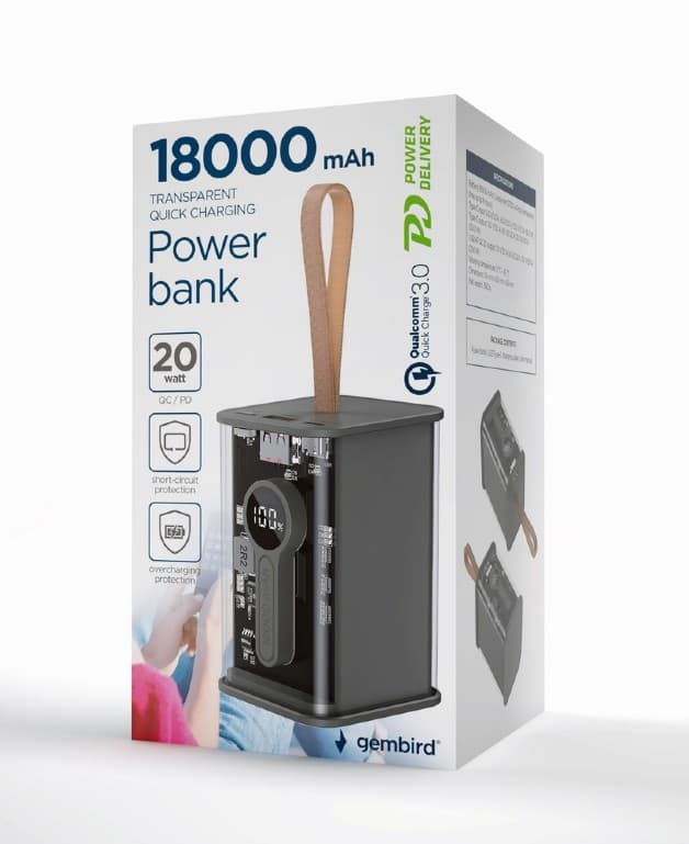 POWER BANK GEMBIRD 18000mAh, 20W, 1 x USB; 1 x USB Type-C, digital display pt. status baterie, max. 3A, transparent, negru, "PB18-TQC3-01" — miniatură