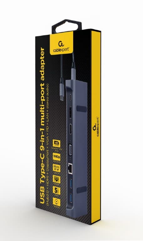 DOCKING Station Gembird universal, 9-in-1, conec PC USB-C,USB-Cx1, USB-A 3.1x3, porturi video HDMIx1,DisplayPortx1,VGAx1,PD 87W,RJ45,Audio,argintiu "A-CM-COMBO9-02" — miniatură