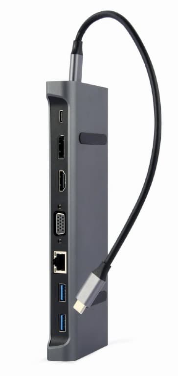 DOCKING Station Gembird universal, 9-in-1, conec PC USB-C,USB-Cx1, USB-A 3.1x3, porturi video HDMIx1,DisplayPortx1,VGAx1,PD 87W,RJ45,Audio,argintiu "A-CM-COMBO9-02" — miniatură