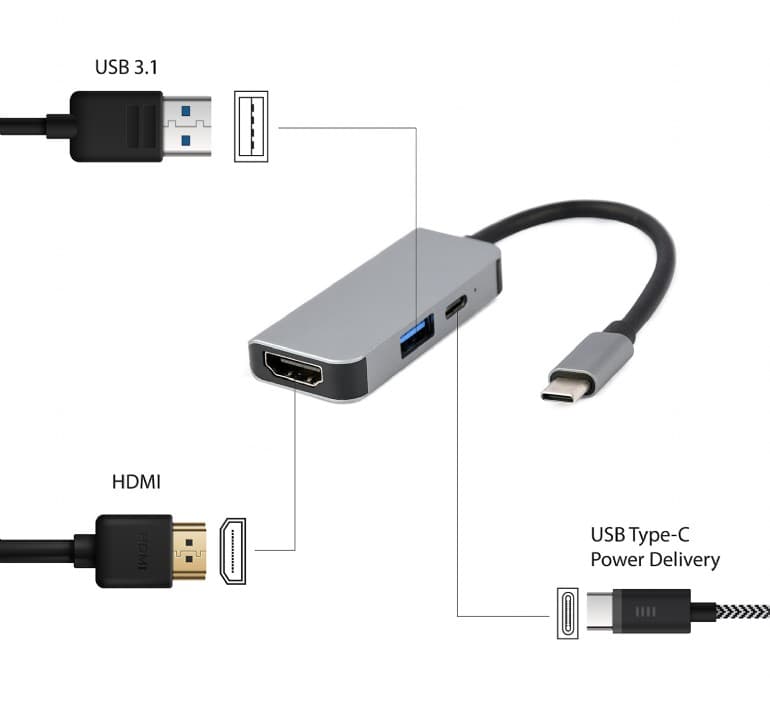 DOCKING Station Gembird universal,3-in-1, conec PC USB Type C, USB-C x 1, USB-A 3.1 x 1, HDMI x 1, PD 87W, argintiu "A-CM-COMBO3-02" — miniatură