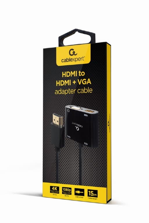 ADAPTOR video GEMBIRD, adaptor HDMI (T) la HDMI (M) + VGA (M), 15cm, rezolutie maxima HDMI 4K (3840 x 2160) la 30Hz, VGA Full HD (1920 x 1080) la 60Hz, USB power, negru, "A-HDMIM-HDMIFVGAF-01" — miniatură