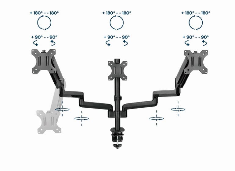 SUPORT de birou Gembird, pt 3 TV/monitor plat, diag. max 32 inch, rotatie, inclinare, pivotare, orizontal, vertical, max 3x7 kg, gas-springs, "MA-DA3-01" — miniatură