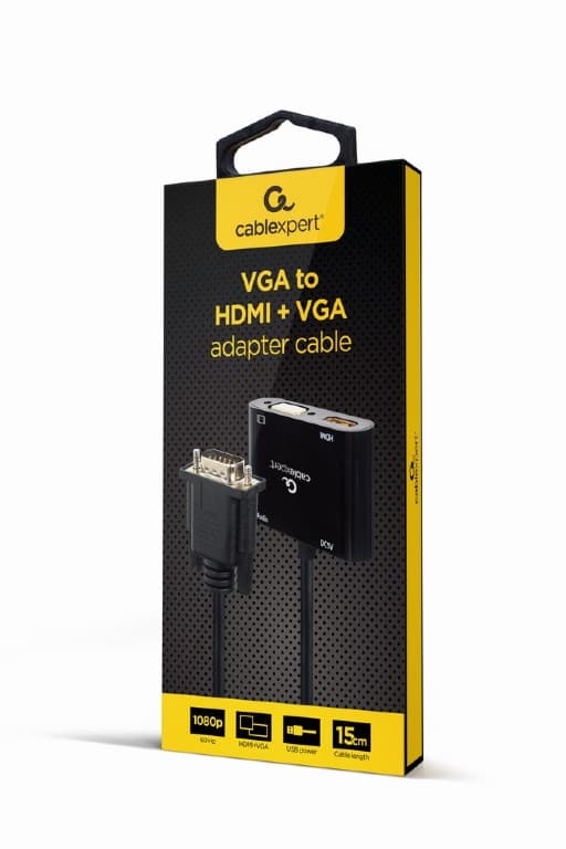 ADAPTOR video GEMBIRD, adaptor VGA (T) la HDMI (M) + VGA (M), 15cm, rezolutie maxima Full HD (1980 x 1060) la 60Hz, USB power, negru, "A-VGA-HDMI-02" — miniatură