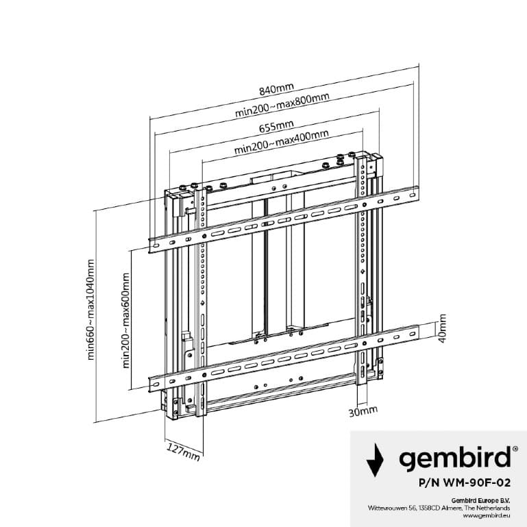 SUPORT de perete GEMBIRD, pt 1 TV/monitor, diag. max 70" - 90", fix, max 90 kg, "WM-90F-02" — miniatură