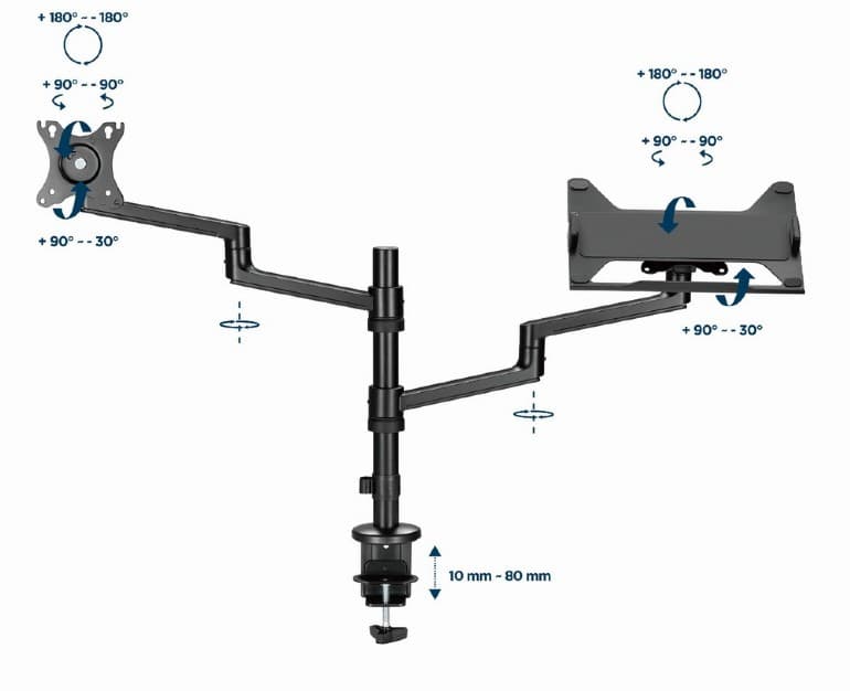 SUPORT de birou Gembird, pt 1 TV/monitor plat + 1 notebook 15.6", diag. max 32 inch, rotatie, inclinare, pivotare, orizontal, vertical, max 2x8 kg, "MA-DA-04" — miniatură