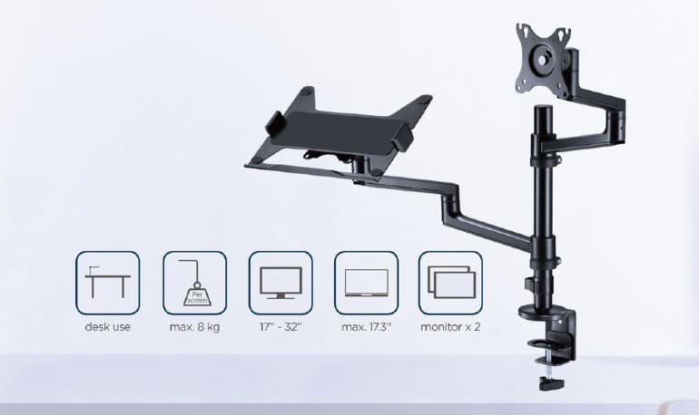 SUPORT de birou Gembird, pt 1 TV/monitor plat + 1 notebook 15.6", diag. max 32 inch, rotatie, inclinare, pivotare, orizontal, vertical, max 2x8 kg, "MA-DA-04" — miniatură