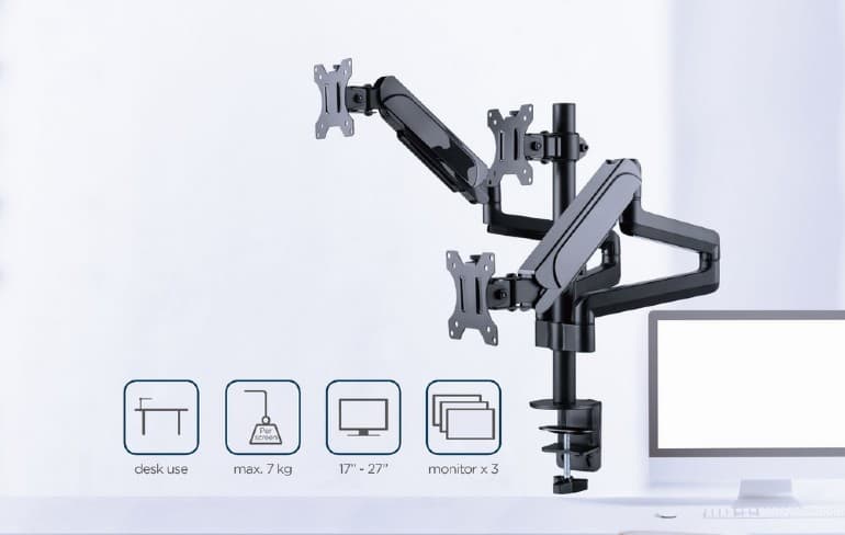 SUPORT de birou Gembird, pt 3 TV/monitor plat, diag. max 32 inch, rotatie, inclinare, pivotare, orizontal, vertical, max 3x7 kg, gas-springs, "MA-DA3-01" — miniatură