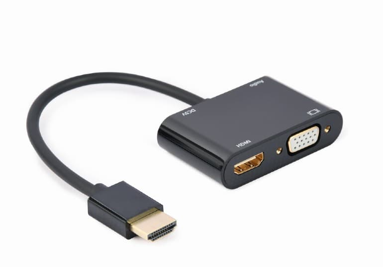 ADAPTOR video GEMBIRD, adaptor HDMI (T) la HDMI (M) + VGA (M), 15cm, rezolutie maxima HDMI 4K (3840 x 2160) la 30Hz, VGA Full HD (1920 x 1080) la 60Hz, USB power, negru, "A-HDMIM-HDMIFVGAF-01" — miniatură