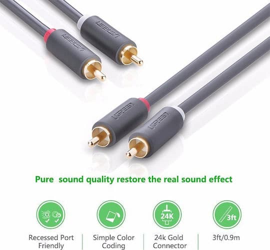 CABLU audio Ugreen, "AV104" 2 x RCA (T) la 2 x RCA (T), 3m, conectori auriti, negru "10519" - 6957303815197 — miniatură