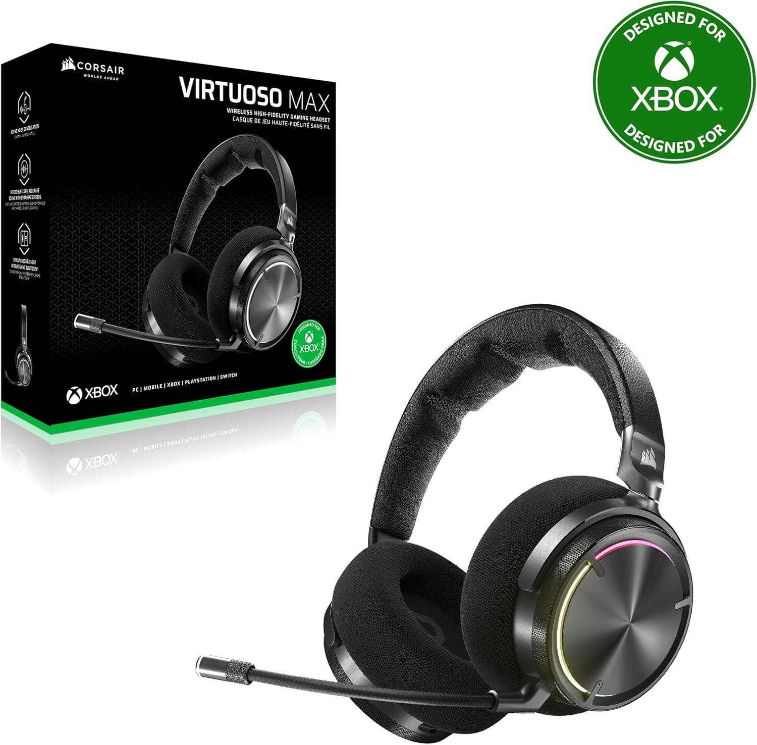 Corsair VIRTUOSO MAX Wireless, Dolby Atmos, Noise Cancelling, Microfon detasabil, RGB, Carbon, 60h, pentru XBOX, Negru "CA-9011374-WW" — miniatură