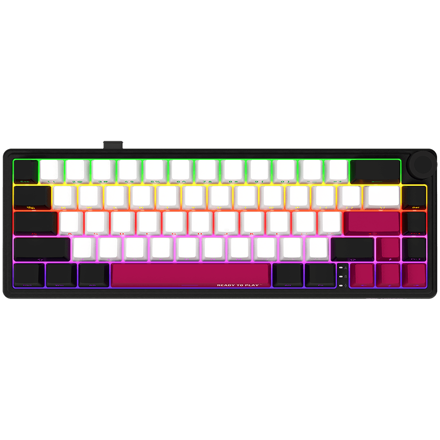 Wireless mechanical gaming keyboard Pro, 2.4 GHz, BT, RGB Backlight, 16 modes, 66 keys, 50M presses, multimedia knob, built-in 3750 mAh battery, Hot Swap, Gasket mount, spring cable 2.3m, black red white "LRG-KBP70MW-BK-US"