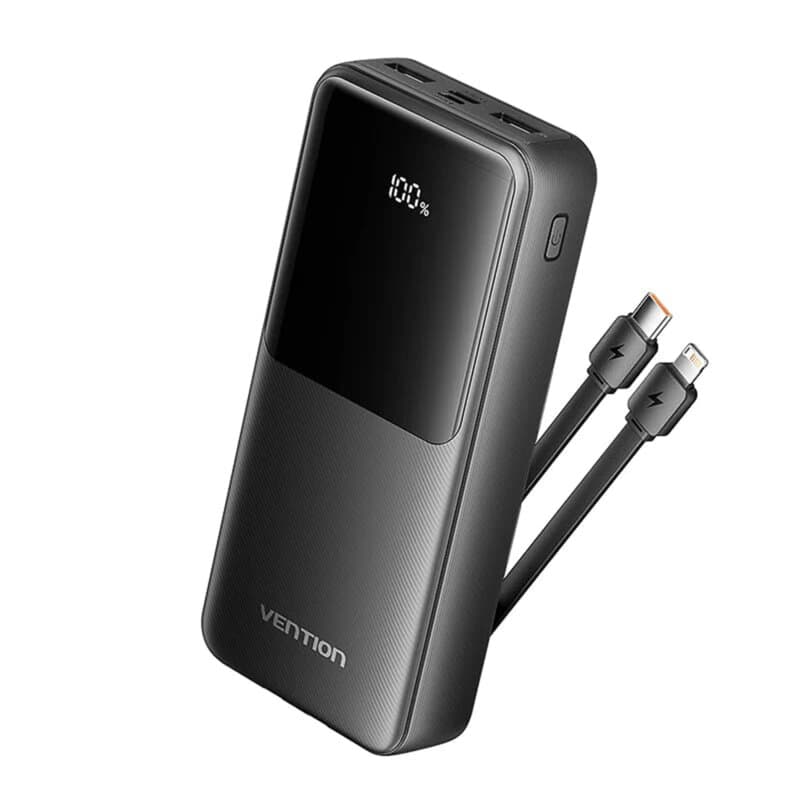 Power Bank Vention 20.000 mAh, 22.5W cablu USB-C si Lightining atasate, 2 x USB-A, 1 x USB-C, micro USB, afisaj LED, 315g, negru, "FHPB0" - 6922794784659
