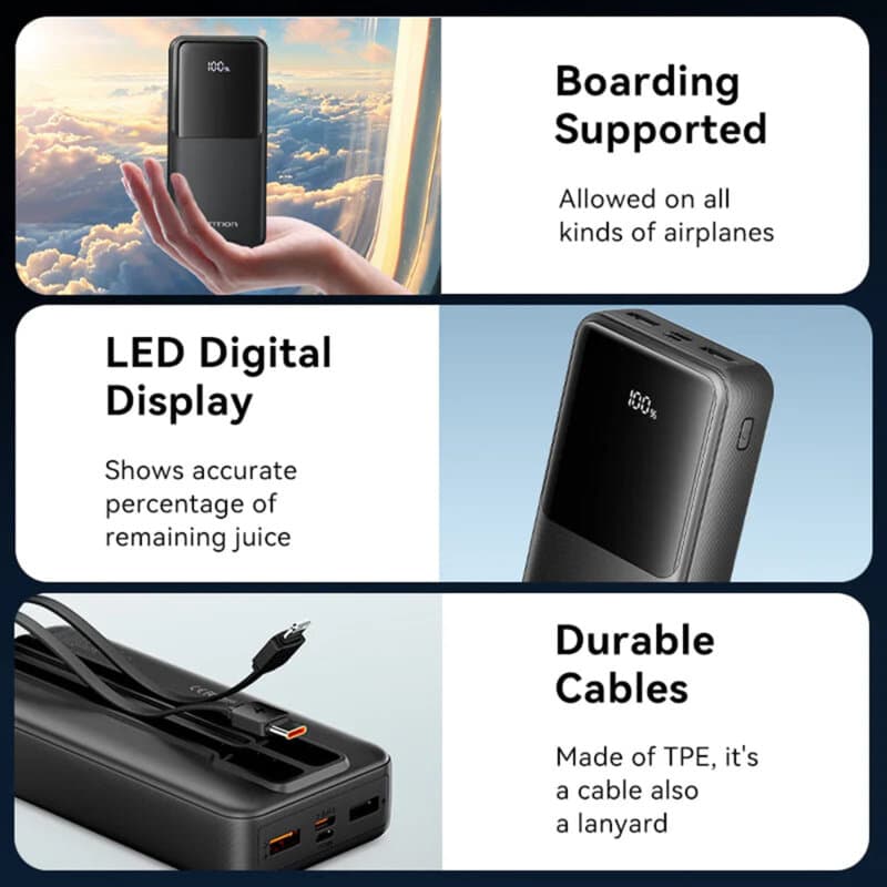 Power Bank Vention 20.000 mAh, 22.5W cablu USB-C si Lightining atasate, 2 x USB-A, 1 x USB-C, micro USB, afisaj LED, 315g, negru, "FHPB0" - 6922794784659 — miniatură