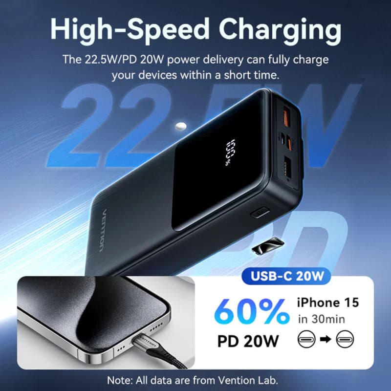 Power Bank Vention 20.000 mAh, 22.5W cablu USB-C si Lightining atasate, 2 x USB-A, 1 x USB-C, micro USB, afisaj LED, 315g, negru, "FHPB0" - 6922794784659 — miniatură