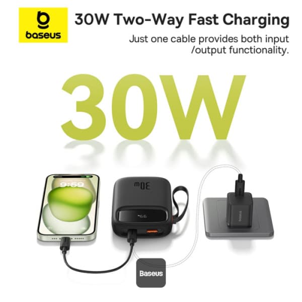 POWER BANK Baseus Qpow2 Digital Display, 10000mAh, 30W, 2 x USB Type-C output/input, 1 x USB, include cablu USB Type-C la USB Type-C 30cm, negru, "P10055008113-00" - 6932172667740 — miniatură