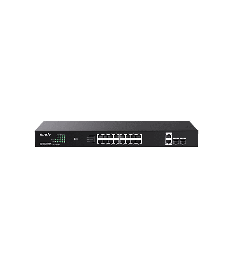 SWITCH TENDA unmanaged, 16 porturi POE RJ-45 gigabit, 2 porturi uplink gigabit RJ-45 si 2 porturi SFP IEEE 802.3af/at, max PoE 150W, metalic"TEG1120P-16-150W"