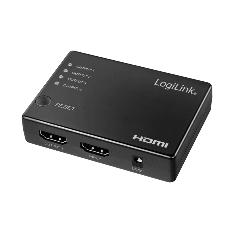 SPLITTER video LOGILINK, 1 x 4 port, Input: HDMI (M) x 1, Output: HDMI (M) 1.4 x 4, rezolutie maxima 4K UHD (3840 x 2160) la 30 Hz, HDCP 2.2, audio, negru, "HD0036" — miniatură