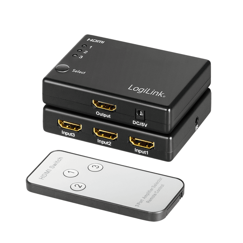 SWITCH video LOGILINK, 3 x 1 port, Input: HDMI (M) x 3, Output: HDMI (M) 1.3 x 1, jack 3.5" IR, rezolutie maxima Full HD (1920 x 1080) la 60 Hz, HDCP, audio, negru, "HD0042" — miniatură