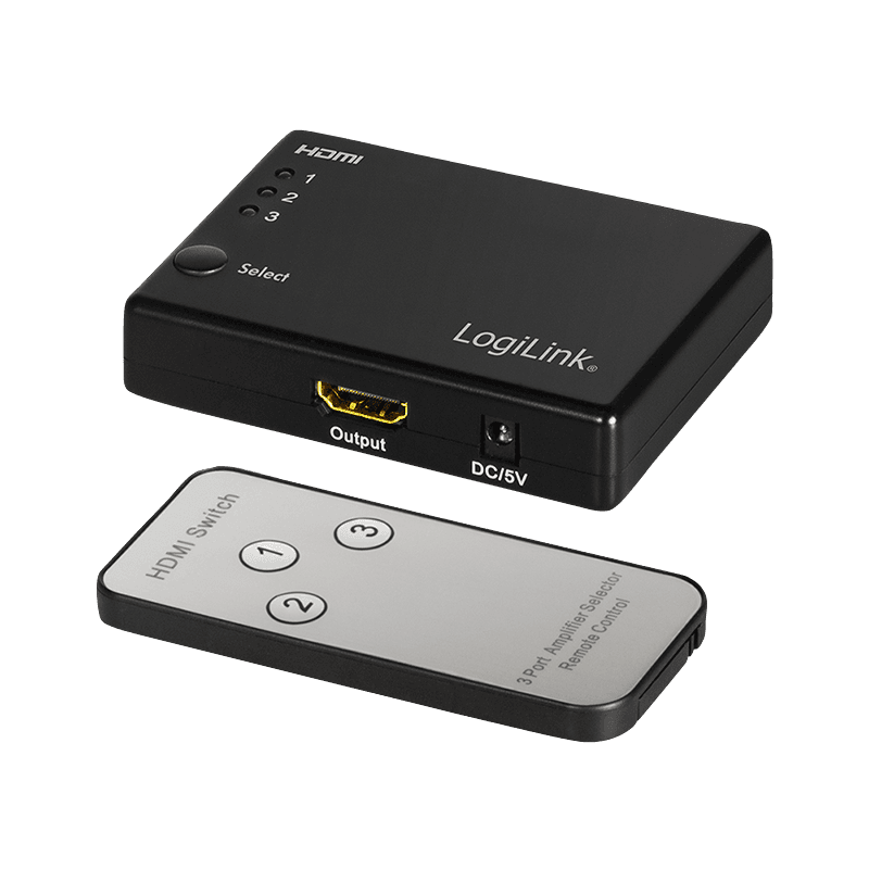 SWITCH video LOGILINK, 3 x 1 port, Input: HDMI (M) x 3, Output: HDMI (M) 1.3 x 1, jack 3.5" IR, rezolutie maxima Full HD (1920 x 1080) la 60 Hz, HDCP, audio, negru, "HD0042" — miniatură