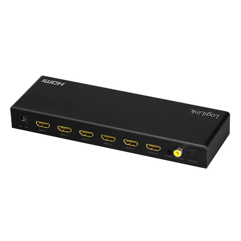 SWITCH video LOGILINK, 4 x 1 port, Input: HDMI (M) x 4, Output: HDMI (M) 2.0 x 1, Coaxial x 1, Toslink x 1, rezolutie maxima 4K (3840 x 2160) la 60 Hz, HDCP 2.2, audio, negru, "HD0046" — miniatură
