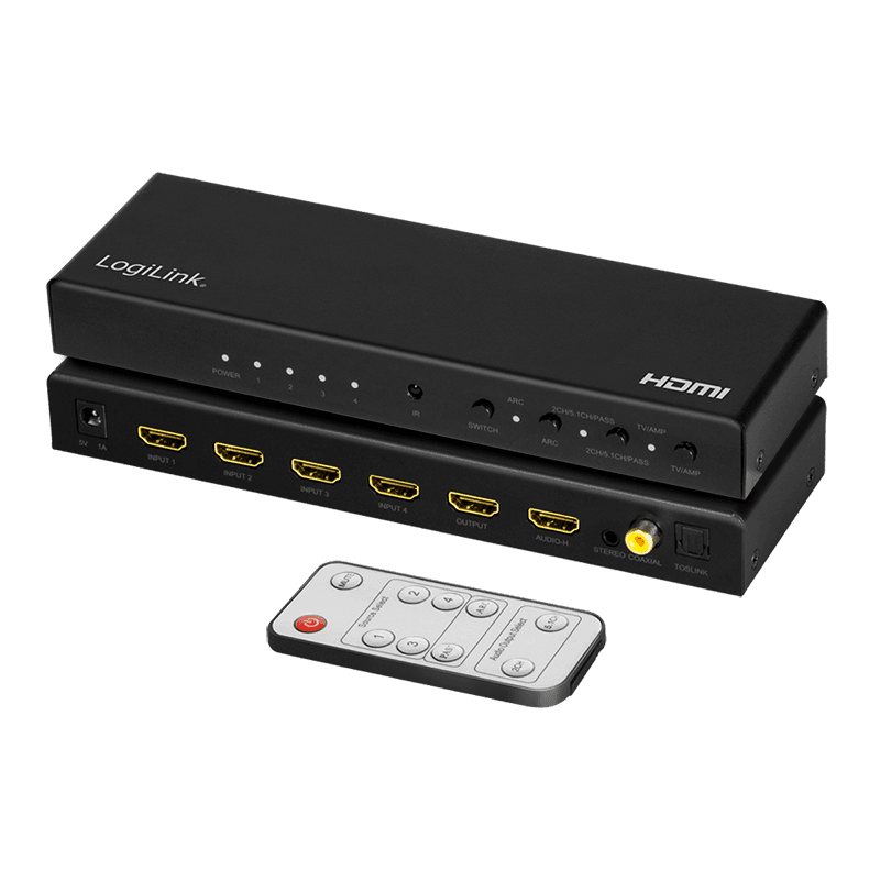 SWITCH video LOGILINK, 4 x 1 port, Input: HDMI (M) x 4, Output: HDMI (M) 2.0 x 1, Coaxial x 1, Toslink x 1, rezolutie maxima 4K (3840 x 2160) la 60 Hz, HDCP 2.2, audio, negru, "HD0046" — miniatură