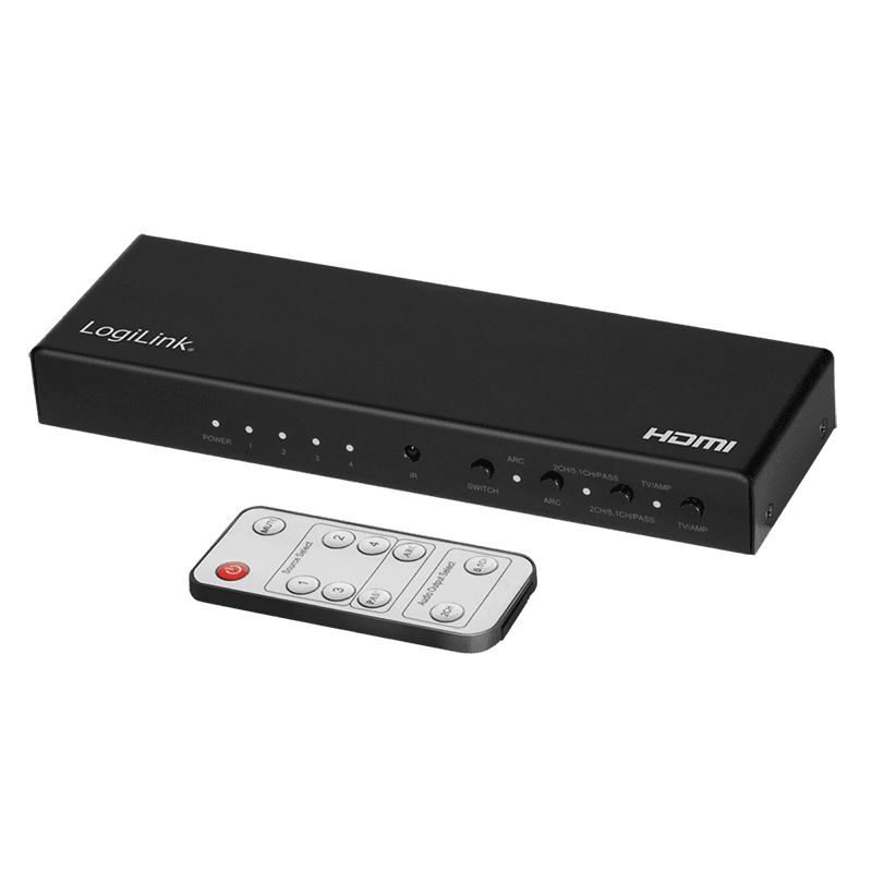 SWITCH video LOGILINK, 4 x 1 port, Input: HDMI (M) x 4, Output: HDMI (M) 2.0 x 1, Coaxial x 1, Toslink x 1, rezolutie maxima 4K (3840 x 2160) la 60 Hz, HDCP 2.2, audio, negru, "HD0046"