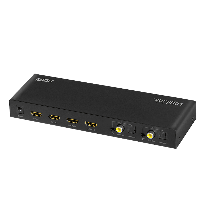 SWITCH video LOGILINK, 4 x 2 port, Input: HDMI (M) x 4, Output: HDMI (M) 2.0 x 2, Coaxial x 2, Toslink x 2, 3.5mm x 2, rezolutie maxima 4K (3840 x 2160) la 60 Hz, negru, "HD0049"