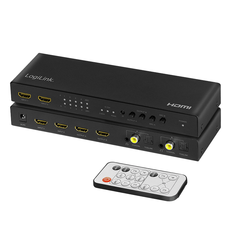 SWITCH video LOGILINK, 4 x 2 port, Input: HDMI (M) x 4, Output: HDMI (M) 2.0 x 2, Coaxial x 2, Toslink x 2, 3.5mm x 2, rezolutie maxima 4K (3840 x 2160) la 60 Hz, negru, "HD0049" — miniatură