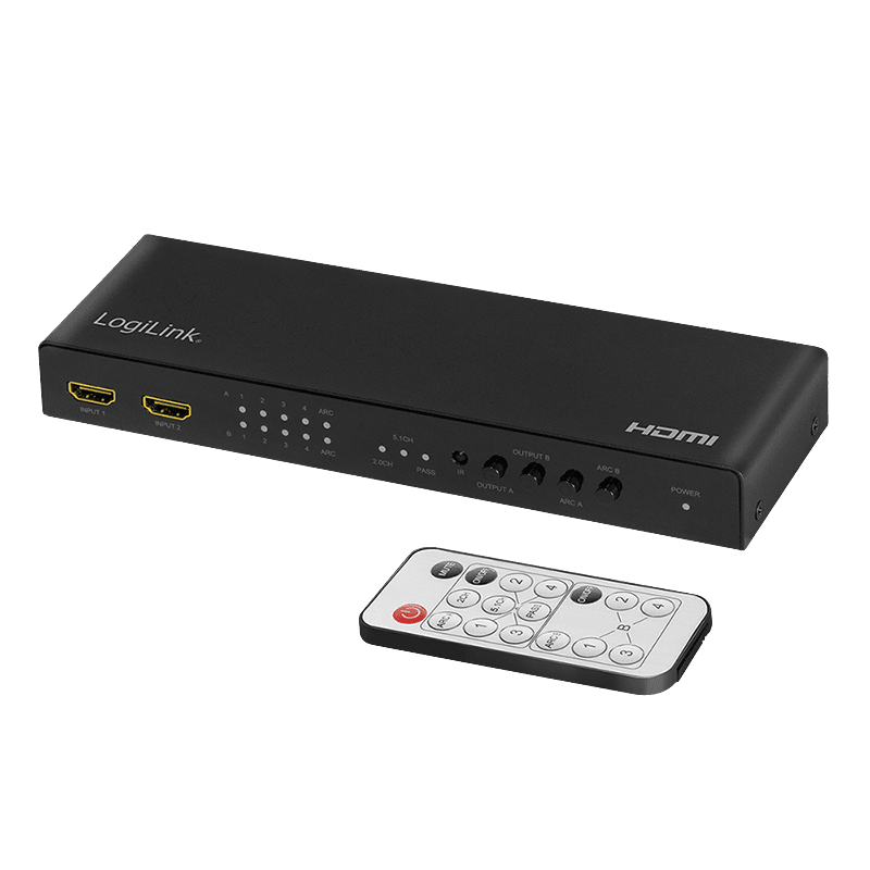 SWITCH video LOGILINK, 4 x 2 port, Input: HDMI (M) x 4, Output: HDMI (M) 2.0 x 2, Coaxial x 2, Toslink x 2, 3.5mm x 2, rezolutie maxima 4K (3840 x 2160) la 60 Hz, negru, "HD0049" — miniatură