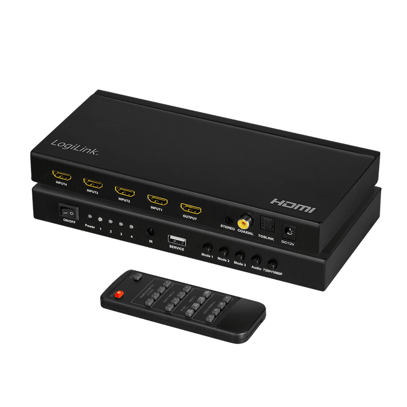 SWITCH video LOGILINK, 4 x 1 port, Input: HDMI (M) x 4, Output: HDMI (M) 1.3 x 1, Coaxial x 1, Toslink x 1, 3.5mm x 1, rezolutie maxima Full HD (1920 x 1080) la 60 Hz, negru, "HD0052" — miniatură