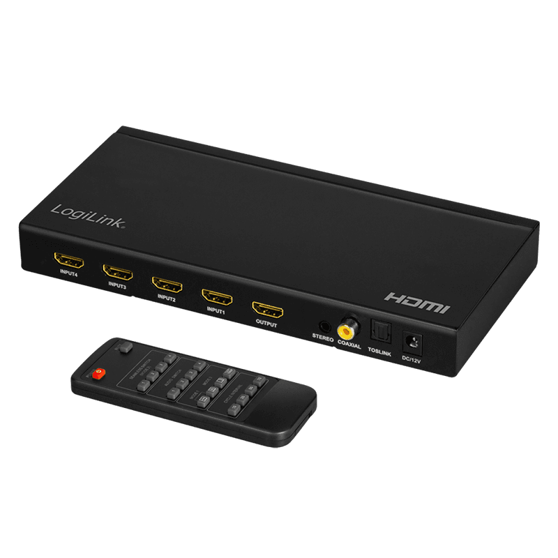 SWITCH video LOGILINK, 4 x 1 port, Input: HDMI (M) x 4, Output: HDMI (M) 1.3 x 1, Coaxial x 1, Toslink x 1, 3.5mm x 1, rezolutie maxima Full HD (1920 x 1080) la 60 Hz, negru, "HD0052" — miniatură