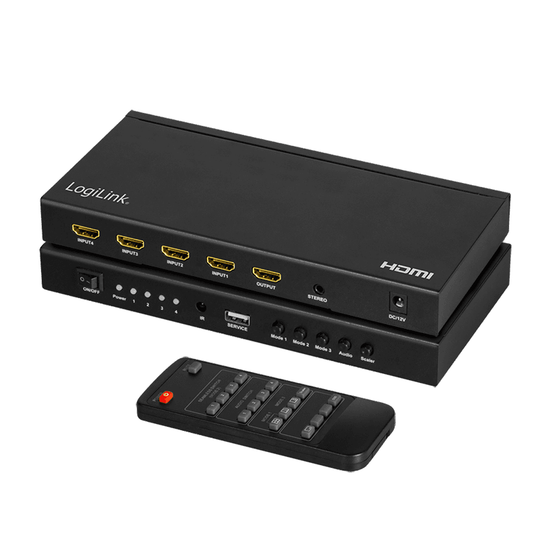 SWITCH video LOGILINK, 4 x 1 port, Input: HDMI (M) x 4, Output: HDMI (M) 1.4 x 1, 3.5mm x 1, rezolutie maxima 4K (3840 x 2160) la 30 Hz, negru, "HD0053" — miniatură