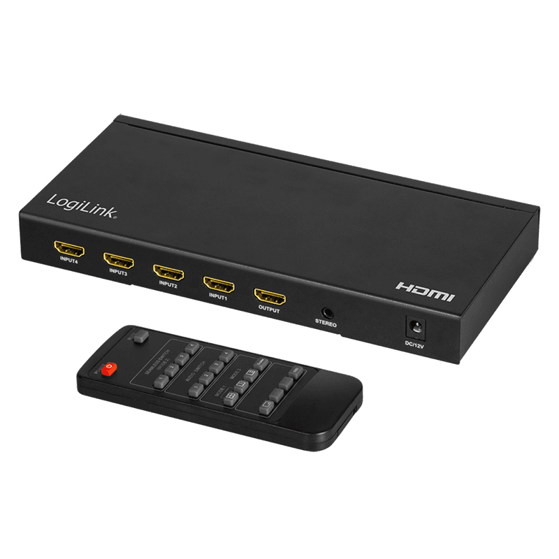 SWITCH video LOGILINK, 4 x 1 port, Input: HDMI (M) x 4, Output: HDMI (M) 1.4 x 1, 3.5mm x 1, rezolutie maxima 4K (3840 x 2160) la 30 Hz, negru, "HD0053" — miniatură