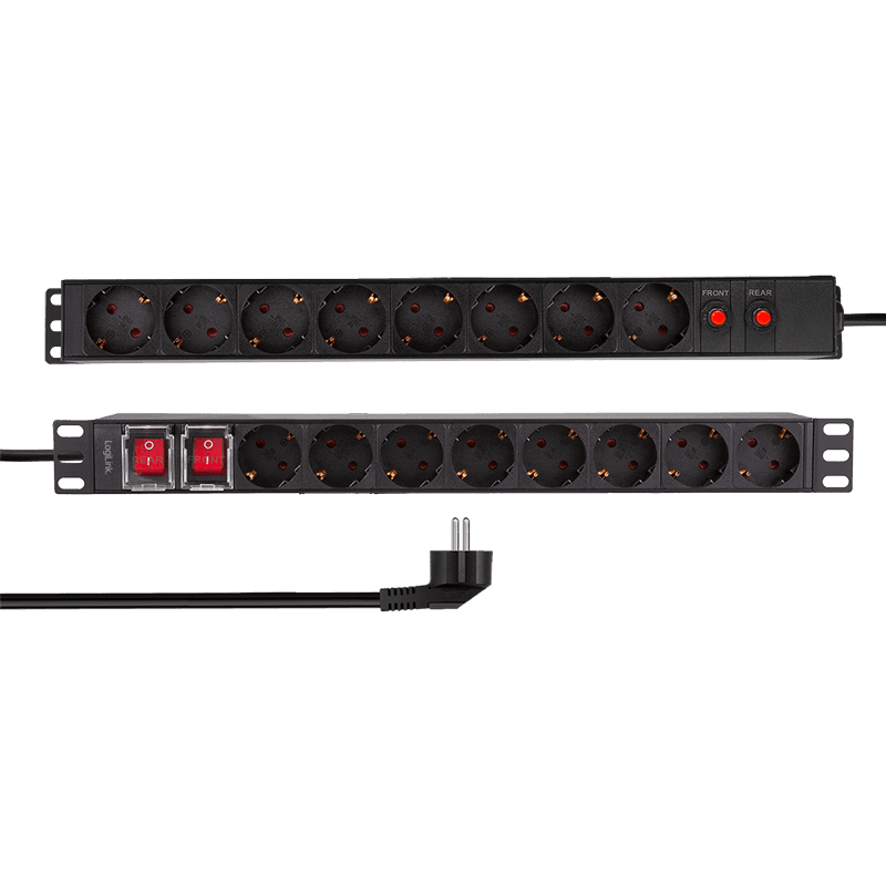 PDU LOGILINK 1U pt. rack 19 inch, 16 prize Schuko, intrare Schuko, max 16 A, dispuse 8 schuko front + 8 schuko back, ON/OFF x 2, prot. Suprasarcina, 2 m, negru, "PDU1601" — miniatură