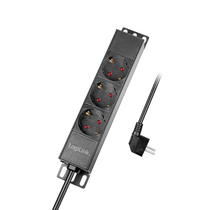 PDU LOGILINK 1U pt. rack 10 inch, 3 prize Schuko, intrare Schuko, max 16 A, IP20, 2 m, negru, "PDU3B01" — miniatură