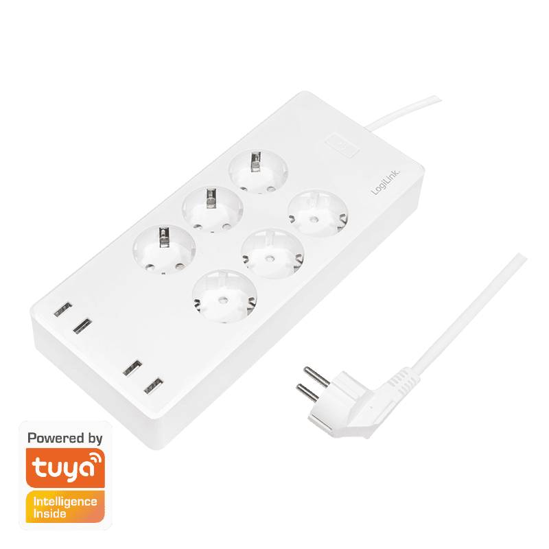 PRELUNGITOR LOGILINK, Schuko x 6, conectare prin Schuko (T), Wi-Fi, 10 A, 4xUSB-A, compatibil Tuya, cablu 1.8m, protectie IP20, supracurent, supratensiune, supraincalzire, scurtcircuit, alb, "SH0105"